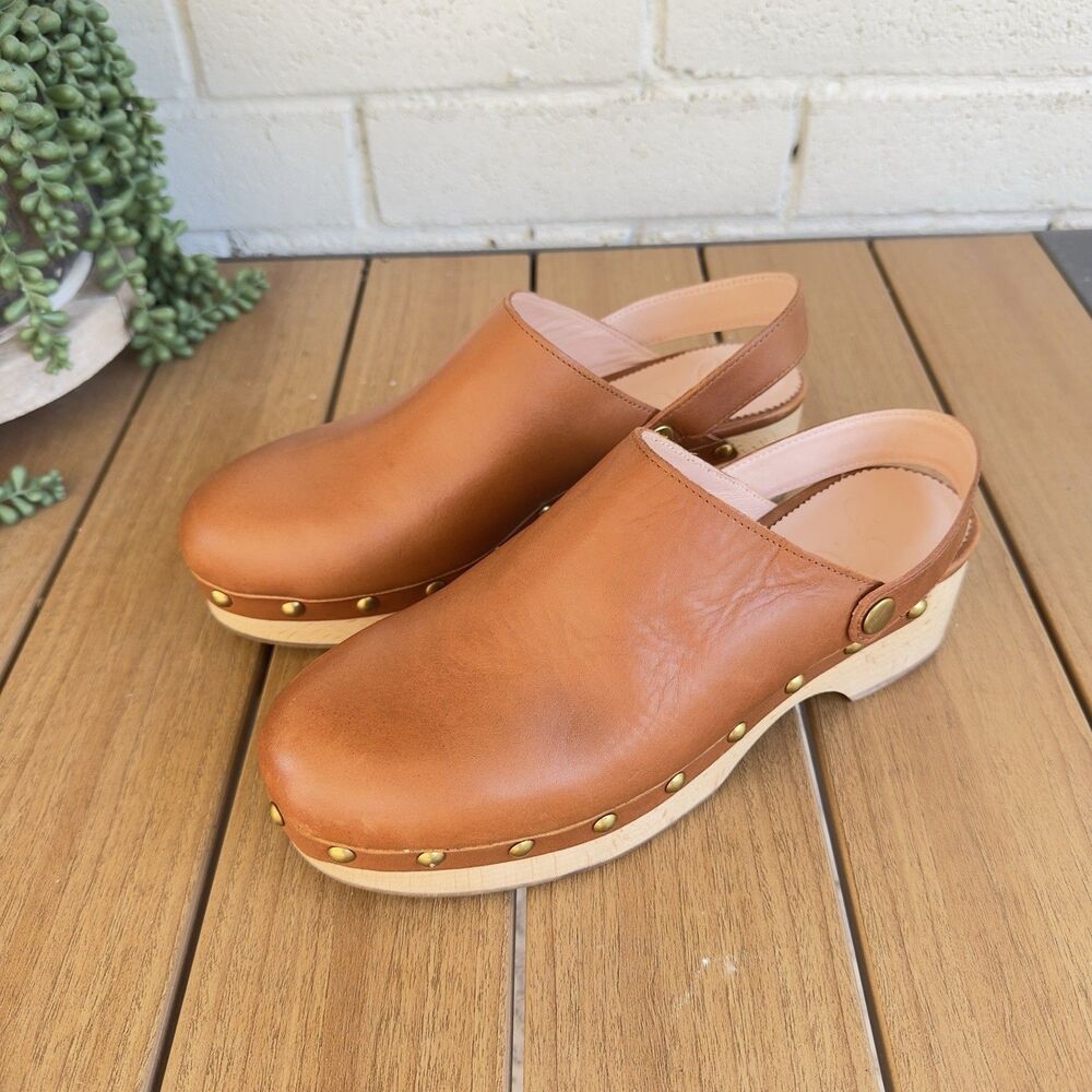 J.Crew Grace Convertible Leather Clogs Womens 7 Brown Studded Wood Heel BA188